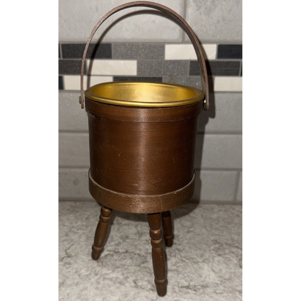 Vintage Chase Mid Century Wood Flower Pot Planter Metal Insert MCM Handle 3 Legs